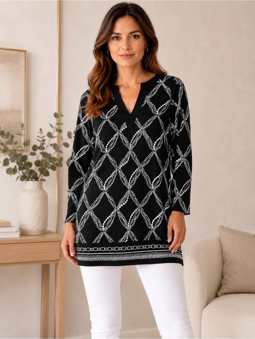 White House Black Market Black White Chain Print Tunic Top Size M Long Sleeve